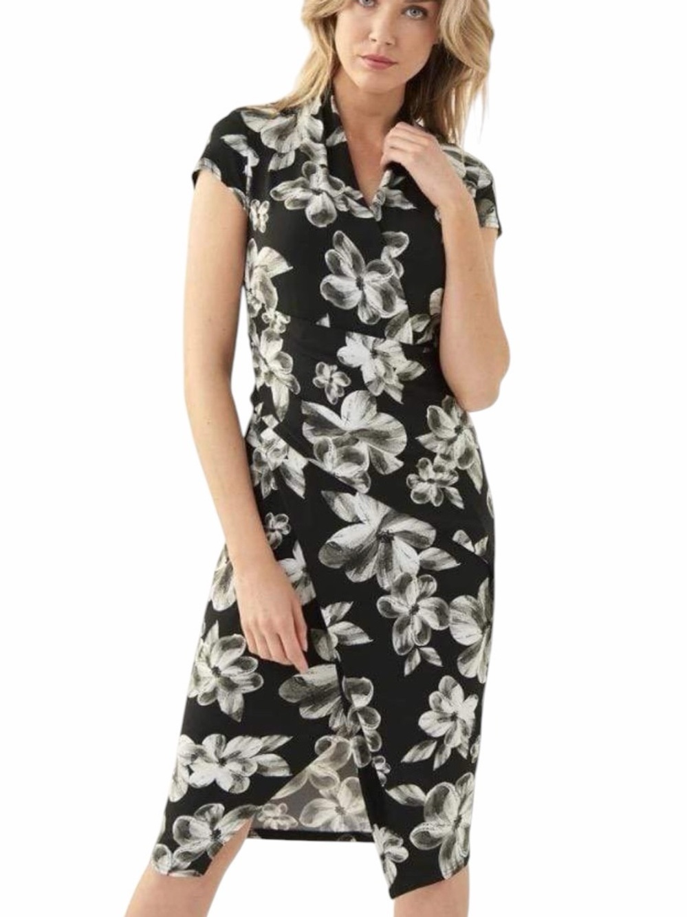 Joseph Ribkoff Black White Floral Faux Wrap Sheath Dress Size 8 Made in Canada